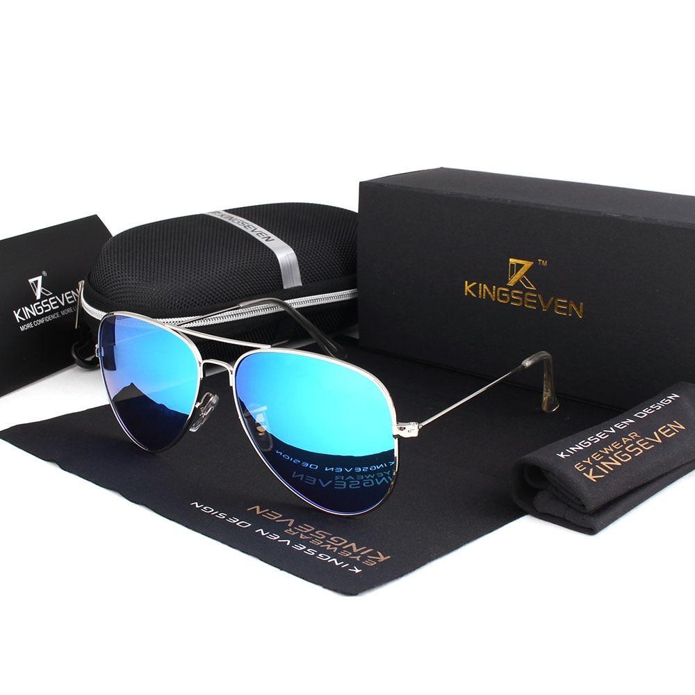 Stevvex aviator sunglasses with silver frame and mirrored polarized lenses; KingSeven box on Tampa Home & Garden Store
