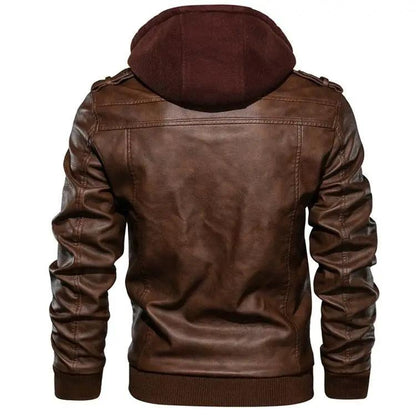Men's PU Leather Jacket Removable Hood, Biker
