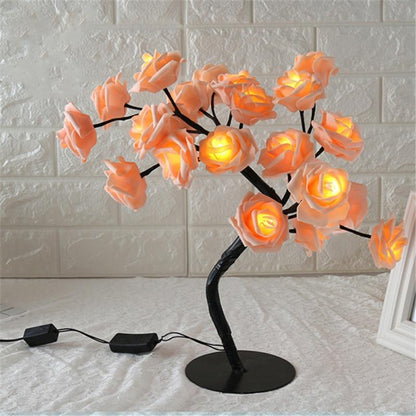 Stevvex rose-shaped table lamp with peach petals on a tree design, warm glow, metal base on Tampa Home & Garden Store