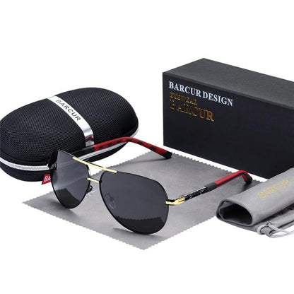 Barcur Design polarized aviator sunglasses with black lenses, gold frame, red temples, case on Tampa Home & Garden Store
