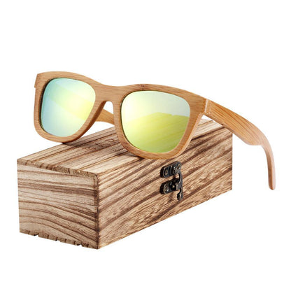 Sunglasses Stevvex bamboo wood retro polarized UV400 with mirrored lenses on wooden box on Tampa Home & Garden Store