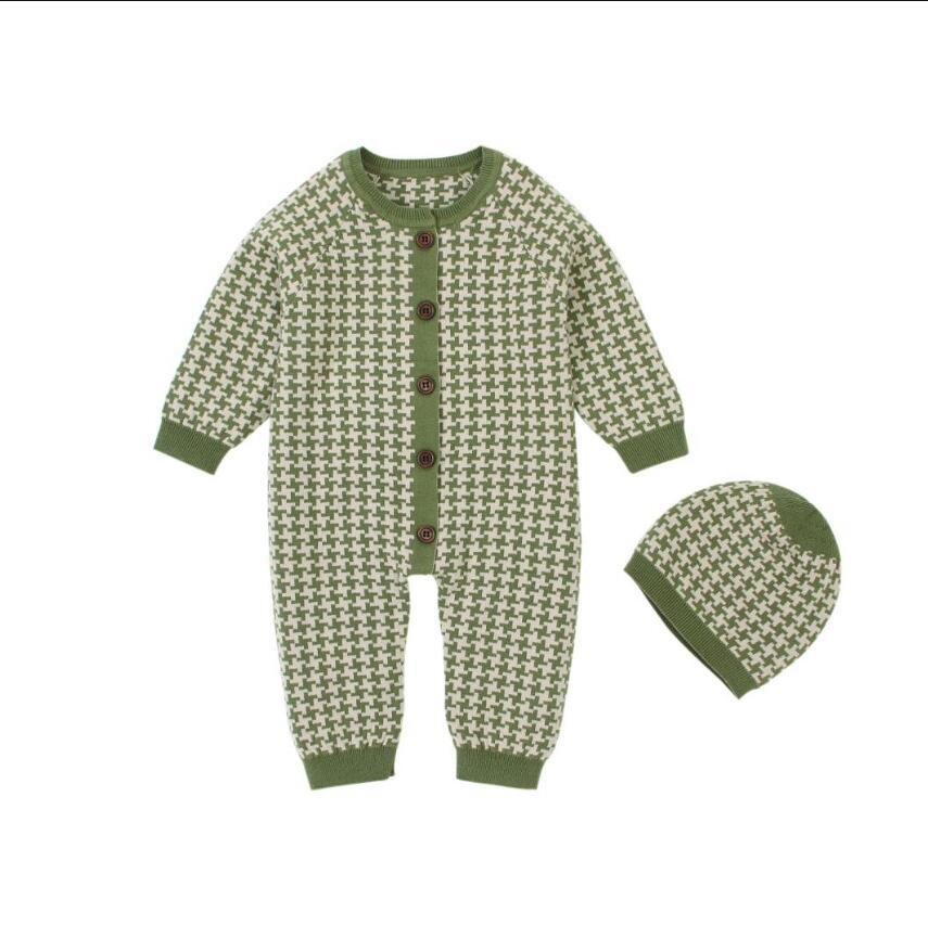 Stevvex knitted newborn romper with green and white knit pattern and matching hat, button front on Tampa Home & Garden Store