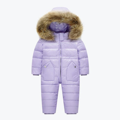 Winter baby snowsuit Stevvex lavender with fur hood, padded one-piece snow suit on Tampa Home & Garden Store
