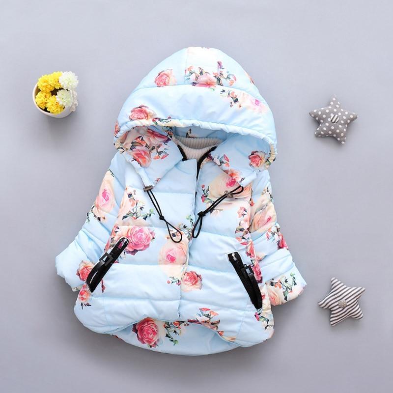Infant floral light-blue puffer jacket by Stevvex with hood and zip pockets on Tampa Home & Garden Store