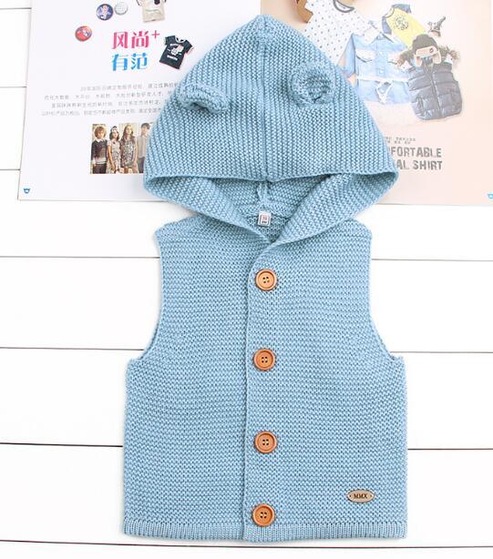 Baby blue knit hooded cardigan vest from Stevvex with wooden buttons for newborns on Tampa Home & Garden Store