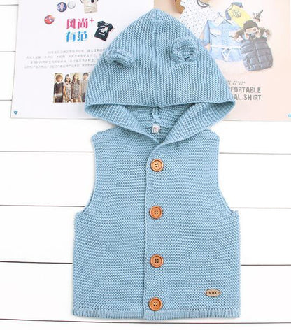Baby blue knit hooded cardigan vest from Stevvex with wooden buttons for newborns on Tampa Home & Garden Store