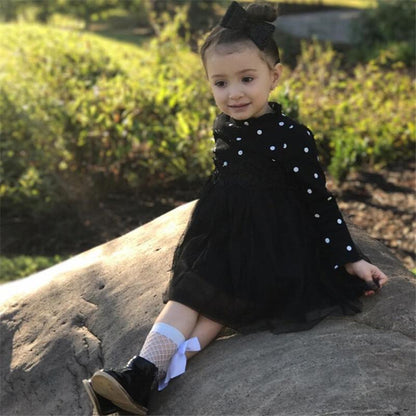 Stevvex Modern Flower Long Sleeve Baby Dress, black with white polka dots, tulle skirt on Tampa Home & Garden Store