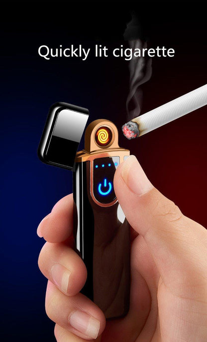 USB rechargeable lighter with blue power button and copper top lighting a cigarette on Tampa Home & Garden Store
