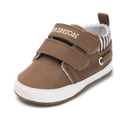 First walkers baby shoes Stevvex brown canvas with white sole and Velcro straps on Tampa Home & Garden Store