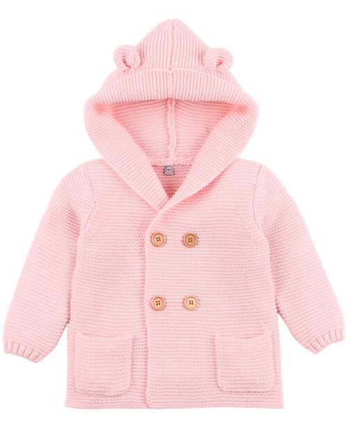 Pink knit baby cardigan with hood and bear ears, double-breasted buttons Stevvex on Tampa Home & Garden Store