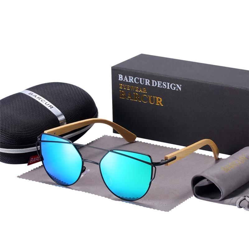 Sunglasses Stevvex bamboo oversized cat-eye with polarized blue mirror lenses and bamboo arms on Tampa Home & Garden Store