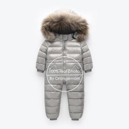 Stevvex baby snowsuit with fur-lined hood gray padded one-piece infant winter wear on Tampa Home & Garden Store