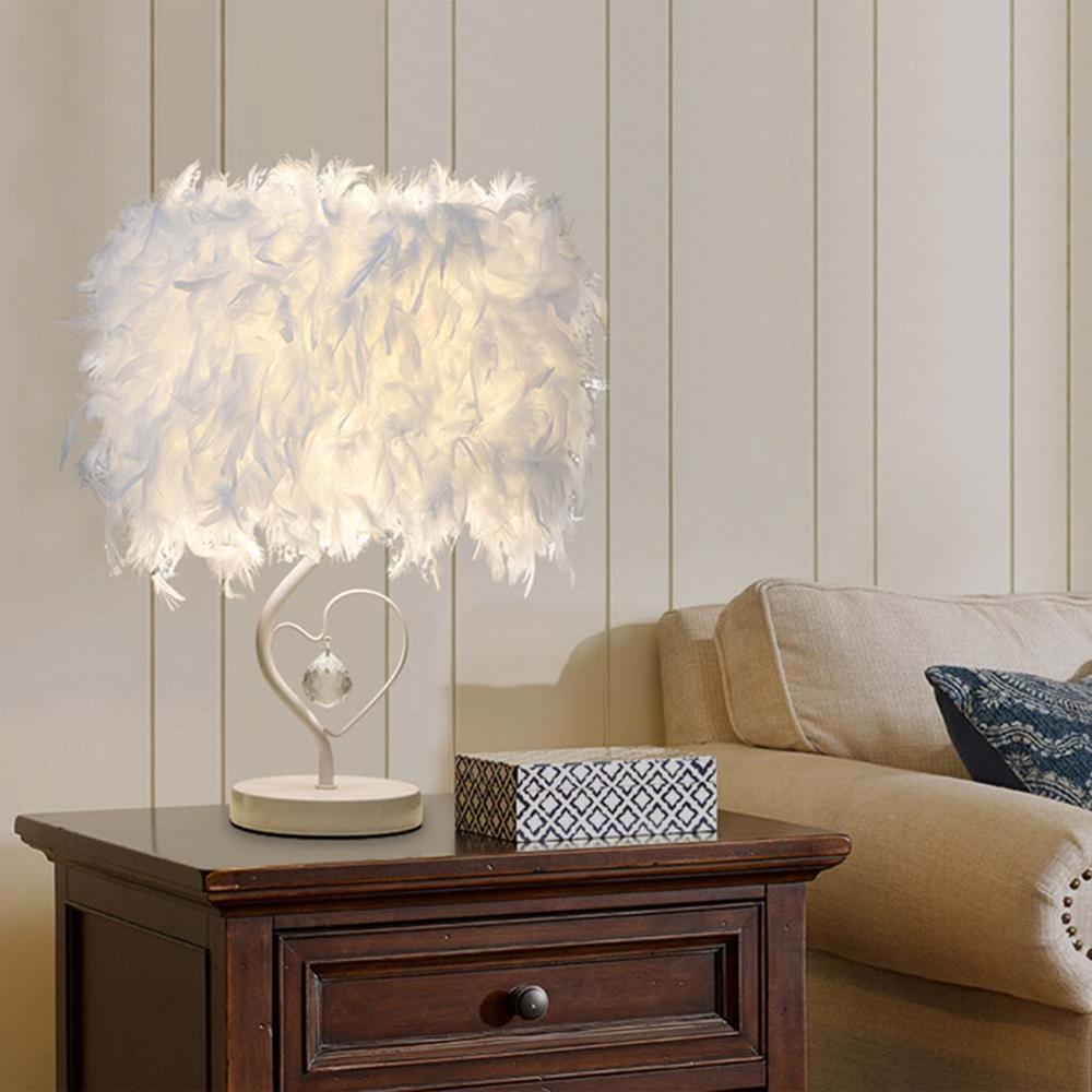 Stevvex table lamp with heart-shaped stand and white feather shade, crystal pendant on Tampa Home & Garden Store