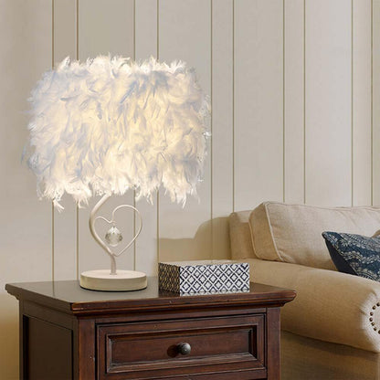 Stevvex table lamp with heart-shaped stand and white feather shade, crystal pendant on Tampa Home & Garden Store