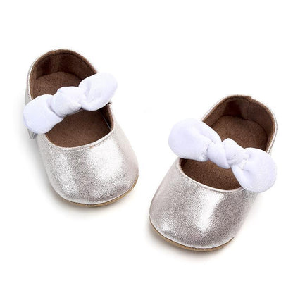 Baby shoes Stevvex first walkers, silver metallic, white bowknot pair on Tampa Home & Garden Store