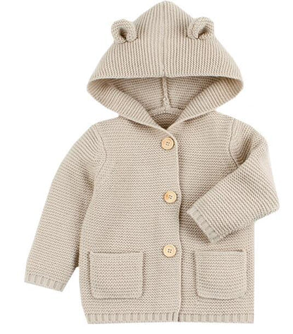 Stevvex newborn beige knit hooded cardigan with bear ears and pockets on Tampa Home & Garden Store