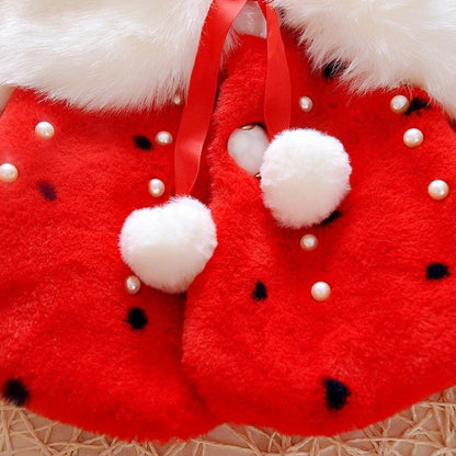 Stevvex red baby toddler coat fleece fur with white faux fur trim and pom-pom drawstrings on Tampa Home & Garden Store