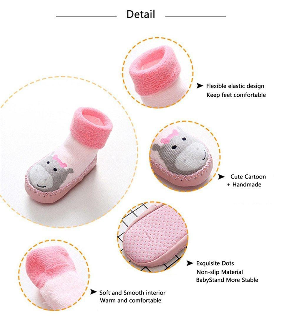 Stevvex Baby warm stretch booties with rubber soles, pink knit with cartoon animal face on Tampa Home & Garden Store