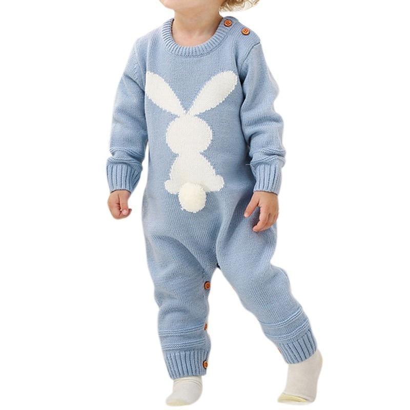 Baby romper blue knit with white bunny silhouette, Stevvex, long sleeves, shoulder buttons on Tampa Home & Garden Store