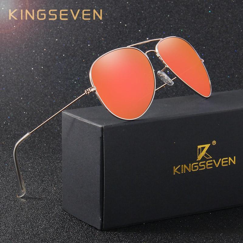 Stevvex aviator sunglasses orange mirrored lenses, unisex polarized, gold frame, KINGSEVEN box on Tampa Home & Garden Store