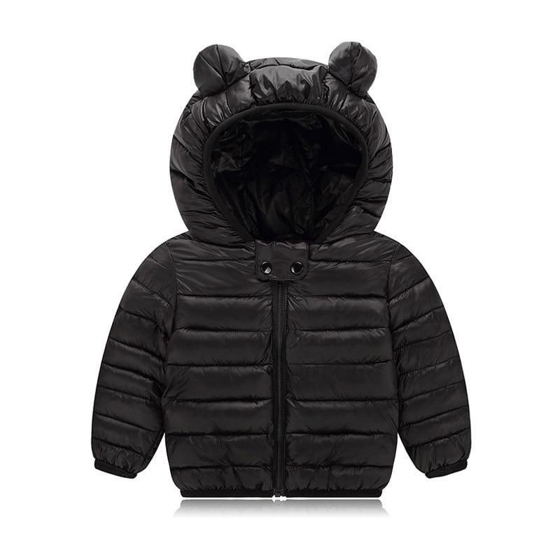 Stevvex baby bear-ear black puffer jacket with hood and front zip on Tampa Home & Garden Store