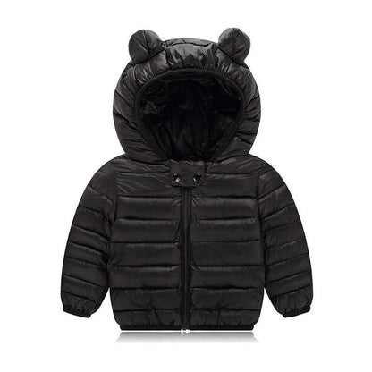 Stevvex baby bear-ear black puffer jacket with hood and front zip on Tampa Home & Garden Store