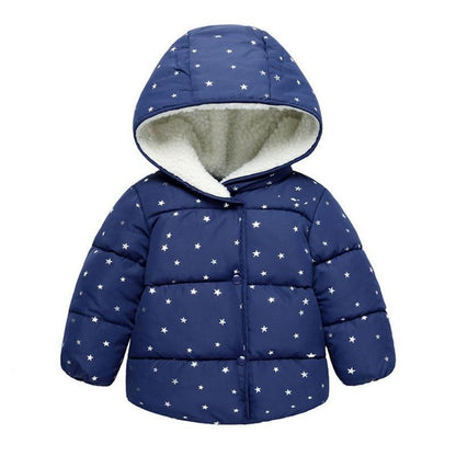 Stevvex baby star-print blue cotton padded hooded coat with white fleece lining on Tampa Home & Garden Store