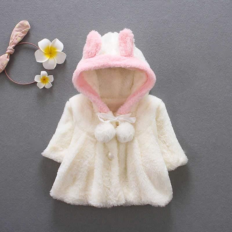 Newborn baby girl fur coat with rabbit-ear hood, plush white with pink lining, Stevvex on Tampa Home & Garden Store