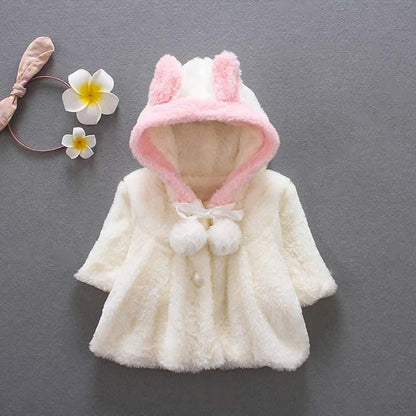 Newborn baby girl fur coat with rabbit-ear hood, plush white with pink lining, Stevvex on Tampa Home & Garden Store
