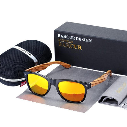 Sunglasses zebra wood frame polarized orange mirror lenses UV400 Barcur design case on Tampa Home & Garden Store