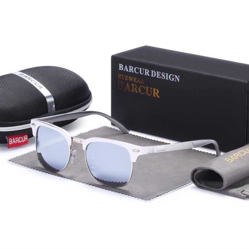 Barcur aluminum polarized sunglasses with silver frame and blue lenses case and cleaning cloth on Tampa Home & Garden Store