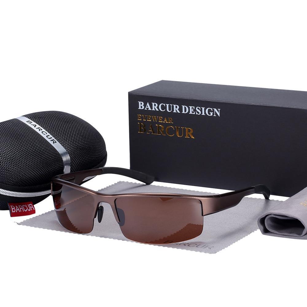 Barcur design square sunglasses with brown lenses and slim frame beside black case and box on Tampa Home & Garden Store
