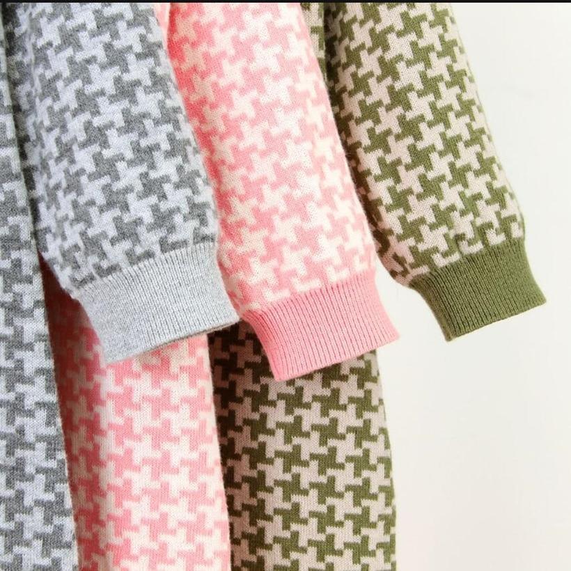 Knitted cotton newborn romper fabric swatches in gray pink olive houndstooth patterns on Tampa Home & Garden Store