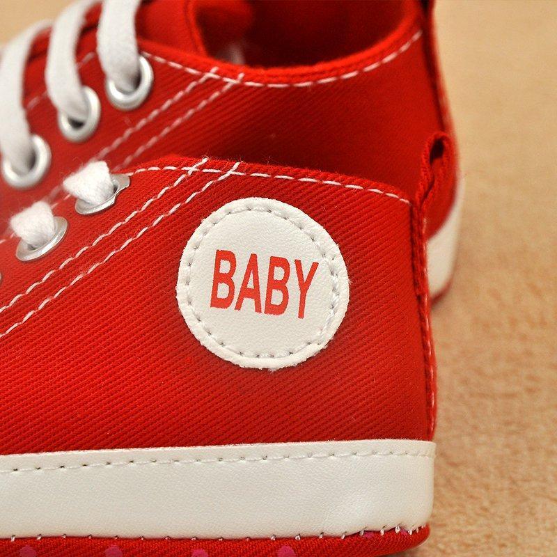 Red canvas baby sneakers with white laces and sole, BABY patch, Stevvex First Walkers on Tampa Home & Garden Store
