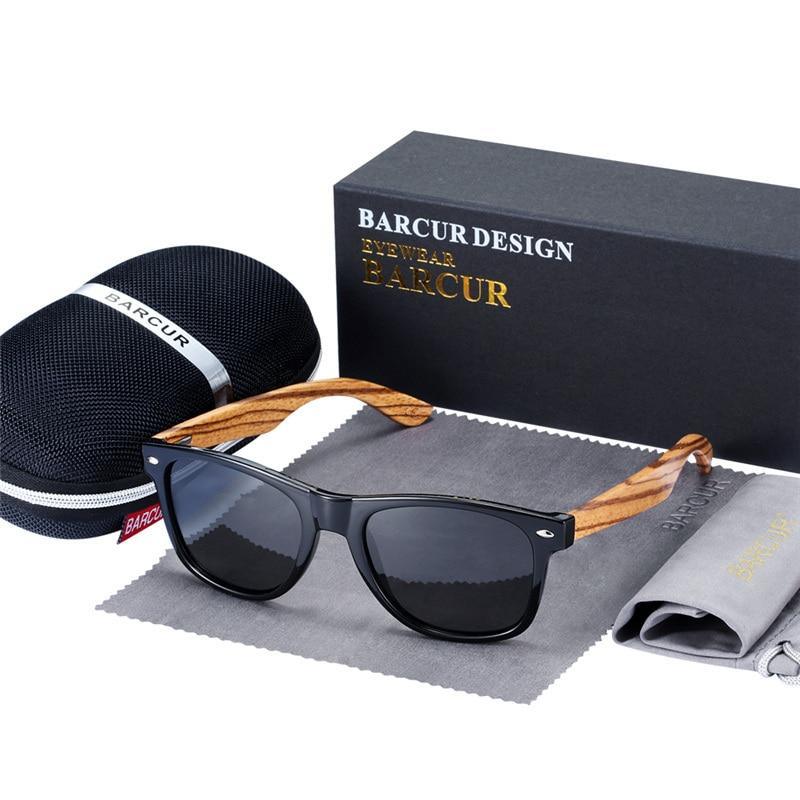 Stevvex bamboo zebra wood sunglasses with black frame and UV400 polarized lenses; includes case on Tampa Home & Garden Store