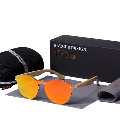 Round bamboo wood sunglasses with spring hinge and orange mirrored UV400 lenses by Barcur Design on Tampa Home & Garden Store