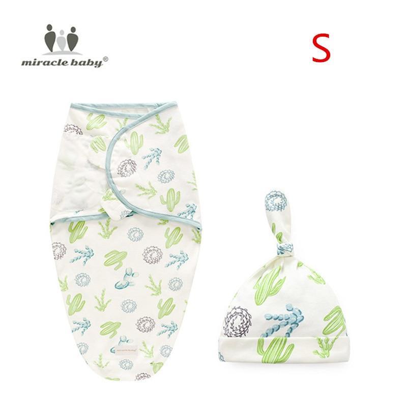 Miracle Baby swaddle blanket with cap two-piece set in white with blue trim and cactus print on Tampa Home & Garden Store