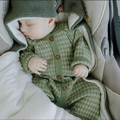 2-piece knitted newborn romper with plaid hat in olive green cotton, unisex Stevvex outfit on Tampa Home & Garden Store