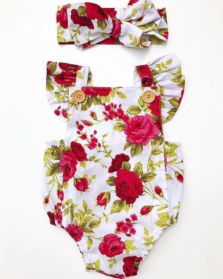Baby girl floral romper set with bow headband in red rose print by Stevvex on Tampa Home & Garden Store