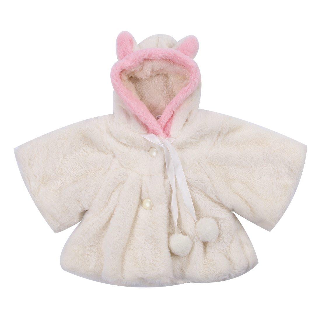 Stevvex newborn baby girl faux fur coat cloak white with pink hood trim and ribbon tie accents on Tampa Home & Garden Store
