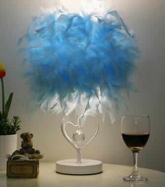 Table lamp Stevvex with heart crystal stand and blue feather shade for bedroom decor on Tampa Home & Garden Store