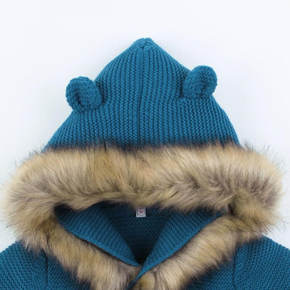 Stevvex blue knit baby hooded cardigan with faux fur-trimmed bear-ear hood on Tampa Home & Garden Store