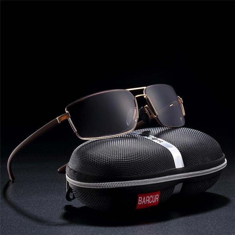 Sunglasses with gold metal frame gradient lenses and BARCUR case driving shades on Tampa Home & Garden Store