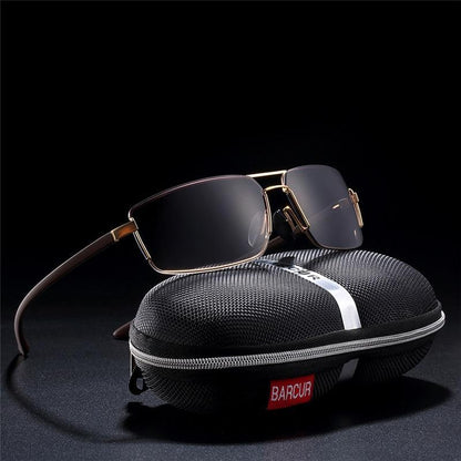 Sunglasses with gold metal frame gradient lenses and BARCUR case driving shades on Tampa Home & Garden Store