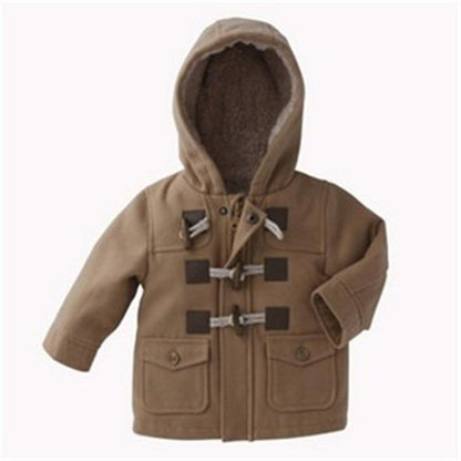 Stevvex infant hooded winter jacket in tan with sherpa lining toggle closures front pockets on Tampa Home & Garden Store