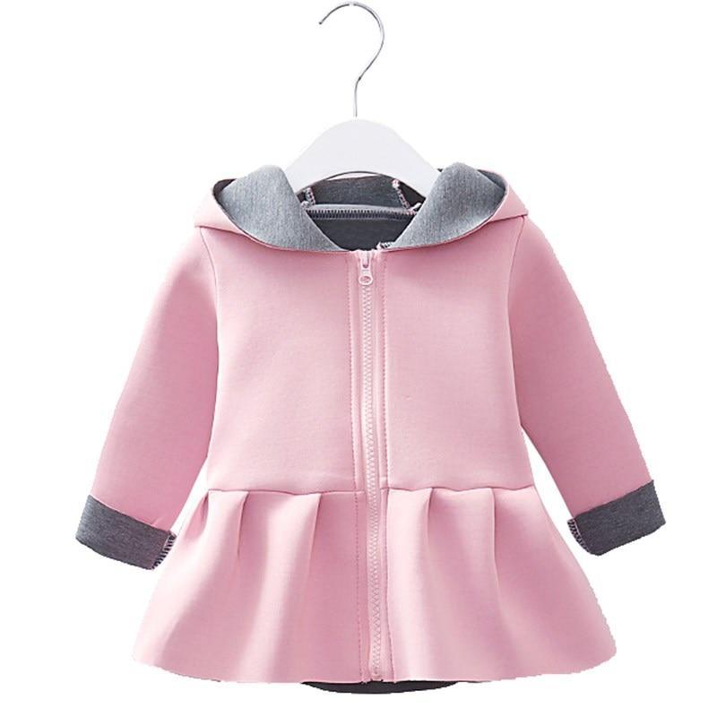 Stevvex pink hooded baby coat with grey fleece-lined hood, zip front, peplum waist on Tampa Home & Garden Store