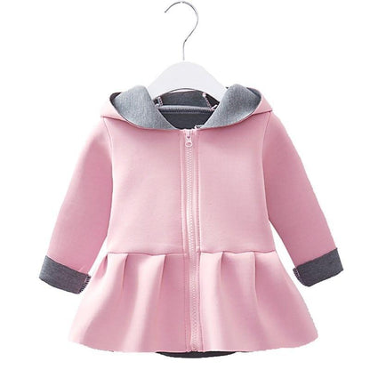 Stevvex pink hooded baby coat with grey fleece-lined hood, zip front, peplum waist on Tampa Home & Garden Store