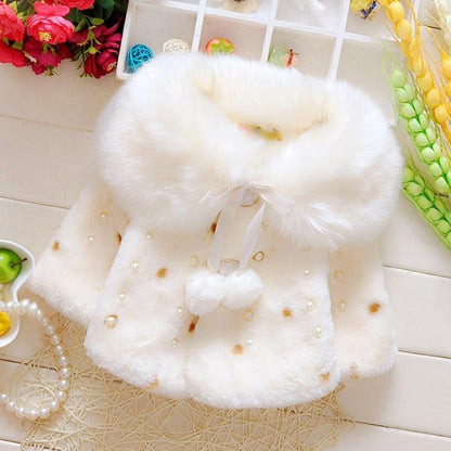 White faux fur baby coat with hood, pearl beads and pom pom ties, Stevvex winter outerwear on Tampa Home & Garden Store