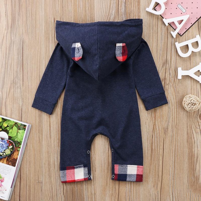 Stevvex newborn hooded romper navy with plaid cuffs and hood accents on Tampa Home & Garden Store