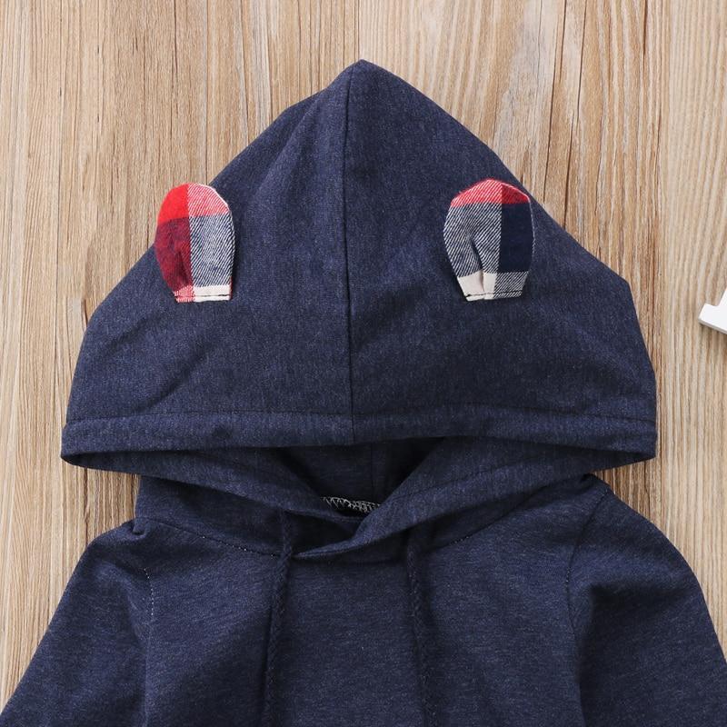 Stevvex navy blue hooded baby romper with plaid ear patches on hood on Tampa Home & Garden Store